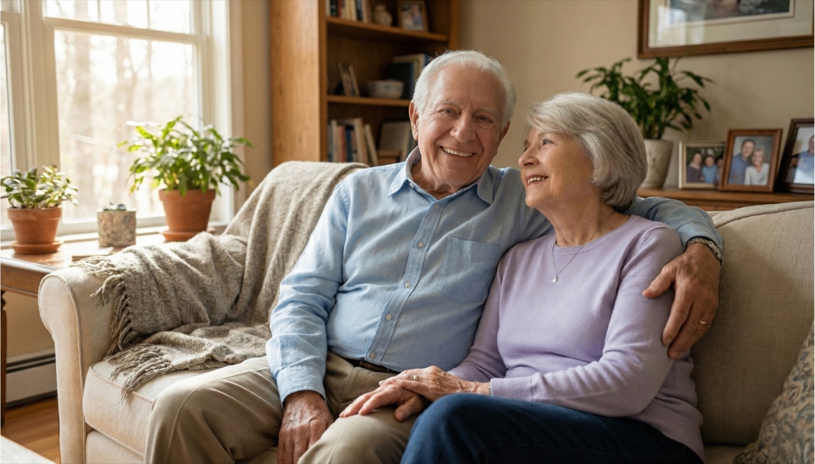 Retired couple sitting together on the couch in their living room